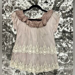 Floreat Ruffled Blouse with Lace Detail in Cream and Tan